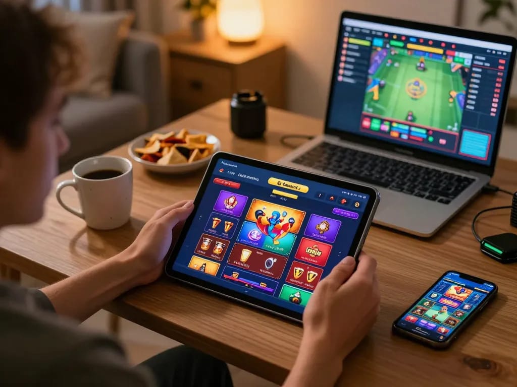Engaging with the Sanclub app for online gambling in a cozy home setting, showcasing dynamic gameplay.