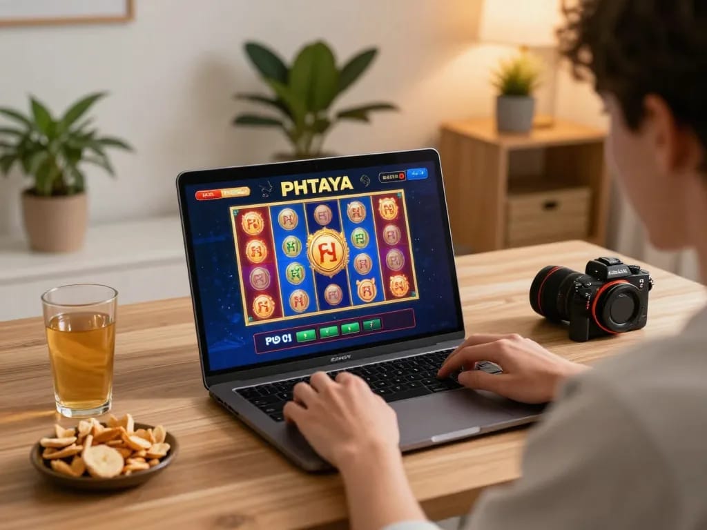 PHTAYA online gaming session features vibrant slots on a laptop screen in a cozy home setting.