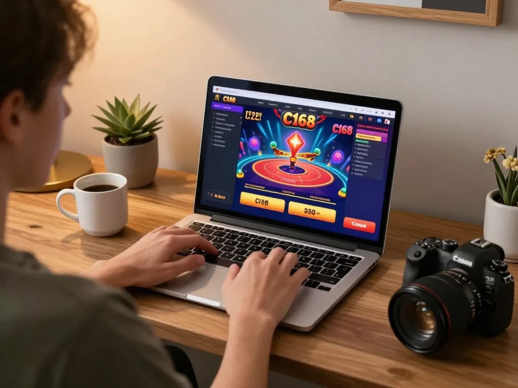 Player engaging in C168 online casino gaming from home with laptop interface visible