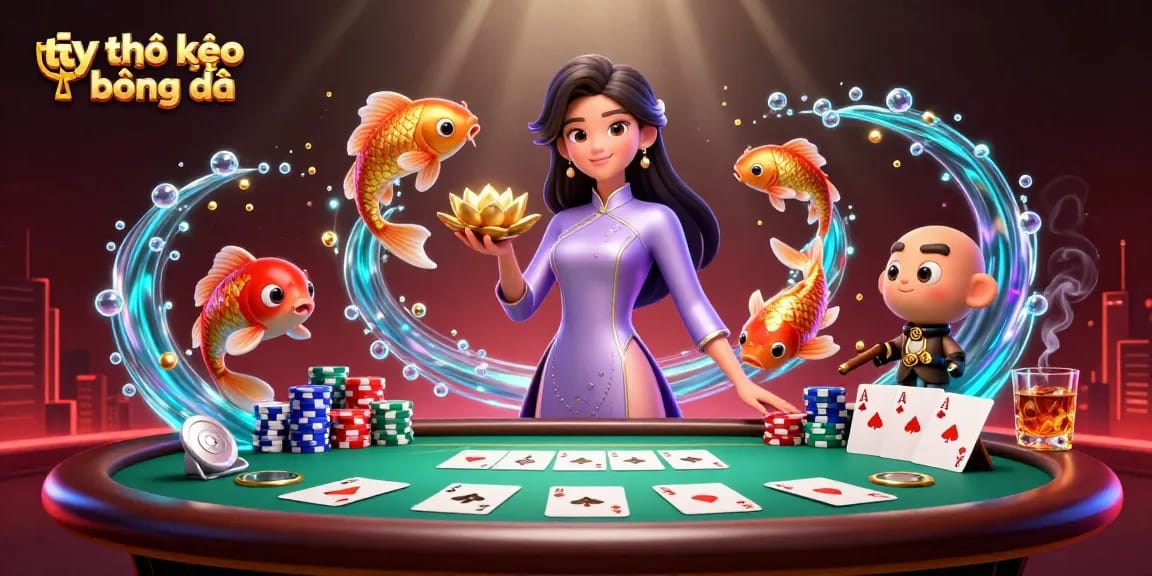 Engage with tỷ lệ kèo bóng đá in a vibrant scene showcasing poker elements and energetic characters.