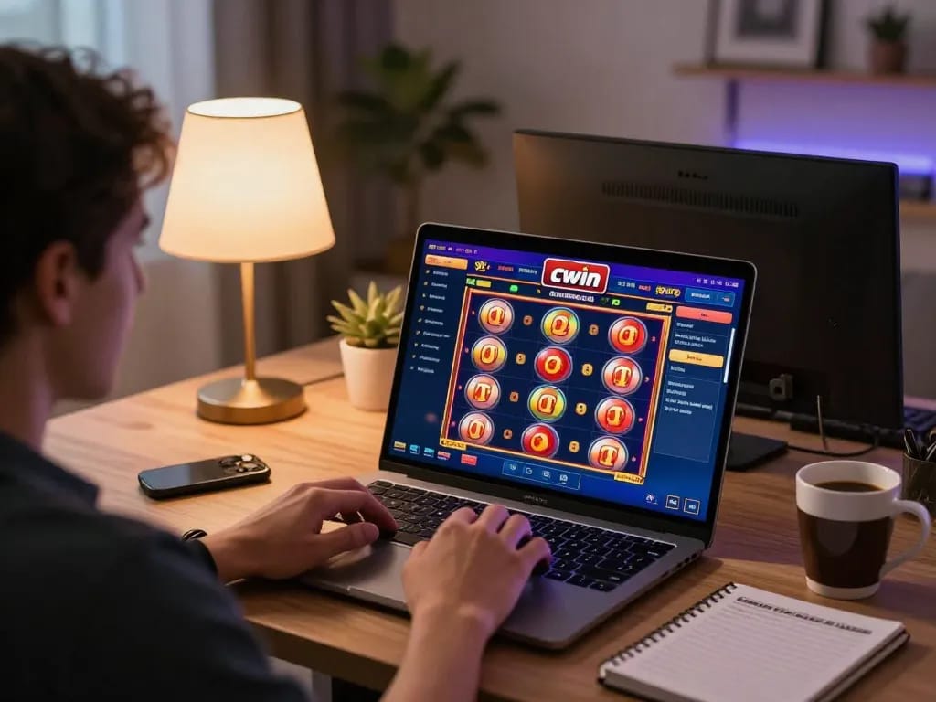 Cwin players enjoying online slots on laptop, showcasing dynamic gameplay experience.