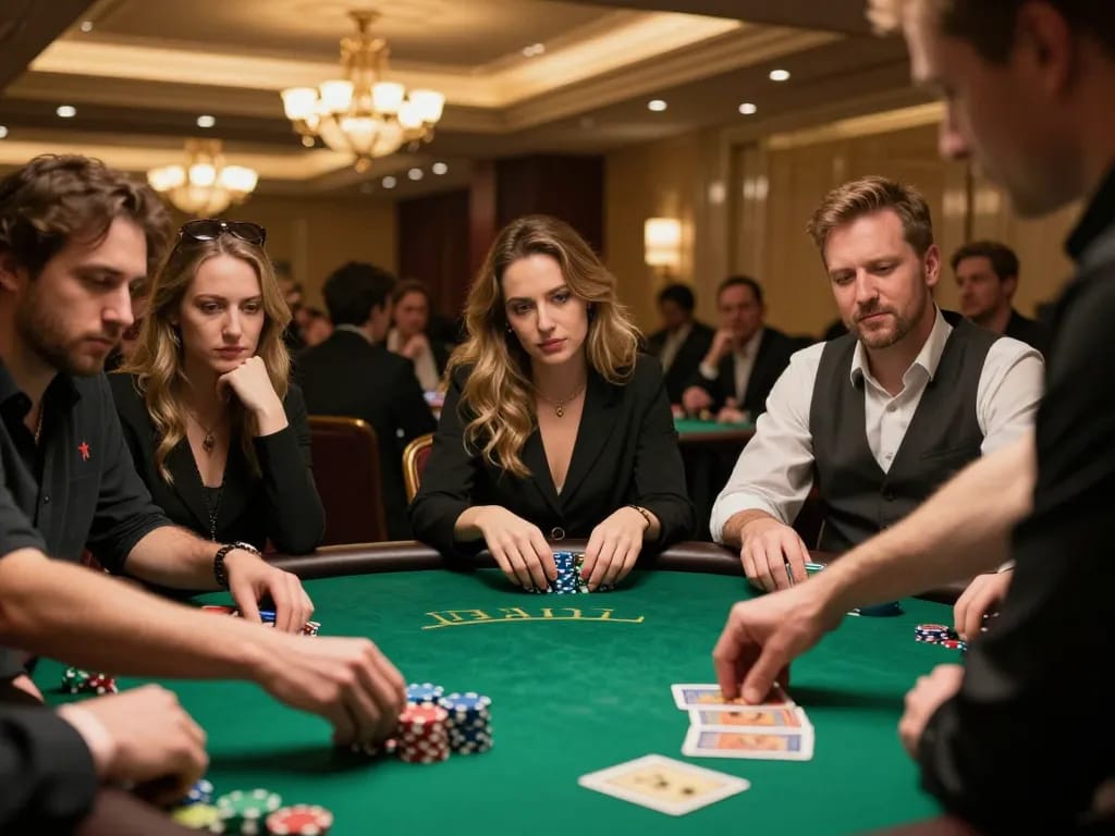 Engaged players strategizing their moves in a high-stakes poker game at 79win's luxurious casino atmosphere.