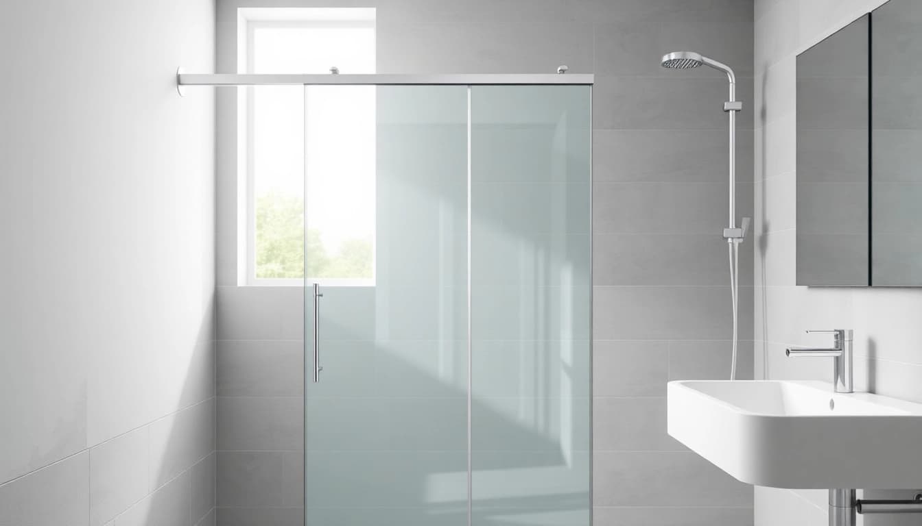 View a stylish shower screen sliding door framed in a modern bathroom interior.