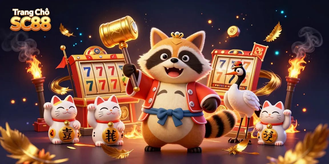 Spin the reels at Trang Chủ SC88 with cheerful tanuki and lucky symbols in vibrant scene.