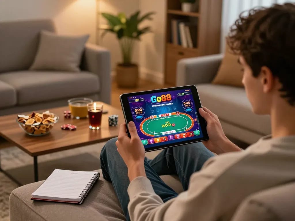 Player using Go88 casino app on tablet, focused on poker game in cozy home setting.