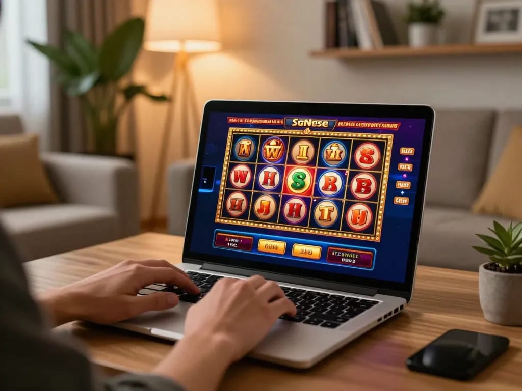 Engaging online gaming moment at Nhà cái SHBET with a player enjoying vibrant slots action on a laptop.
