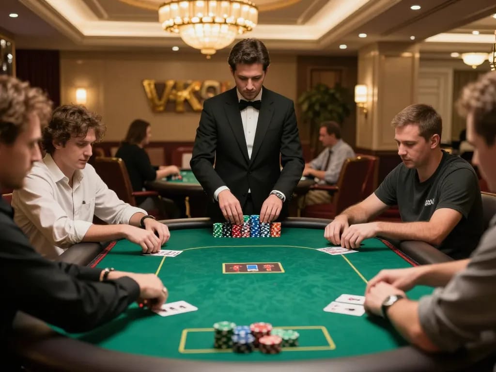 Players engaging in strategic gameplay at VK88 casino's upscale poker table
