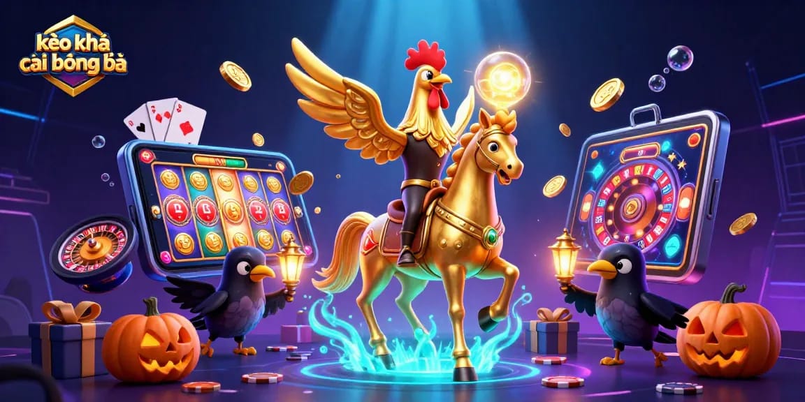 Experience kèo nhà cái bóng đá with a vibrant, action-packed casino illustration featuring a golden rooster.
