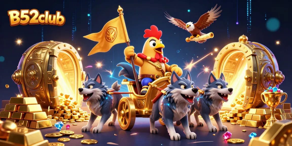 B52club offers thrilling gameplay with a rooster warlord and golden treasures in a vibrant casino setting.