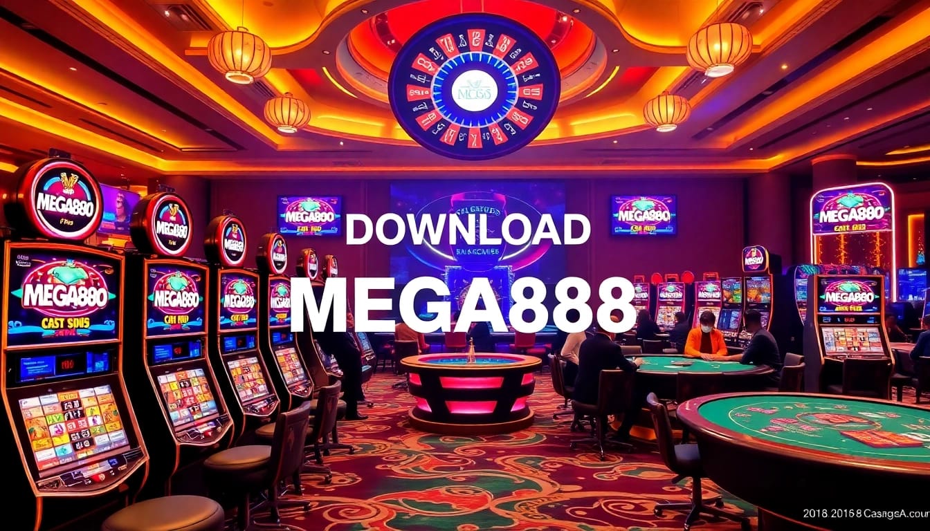 Exciting scene inviting gamblers to DOWNLOAD MEGA888 at luxurious casino tables.