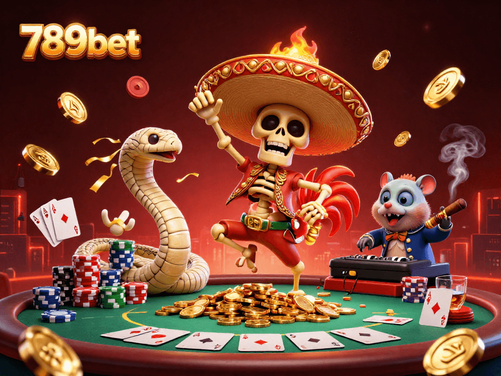 Experience the thrilling game atmosphere with 789bet characters winning amidst vibrant casino elements.