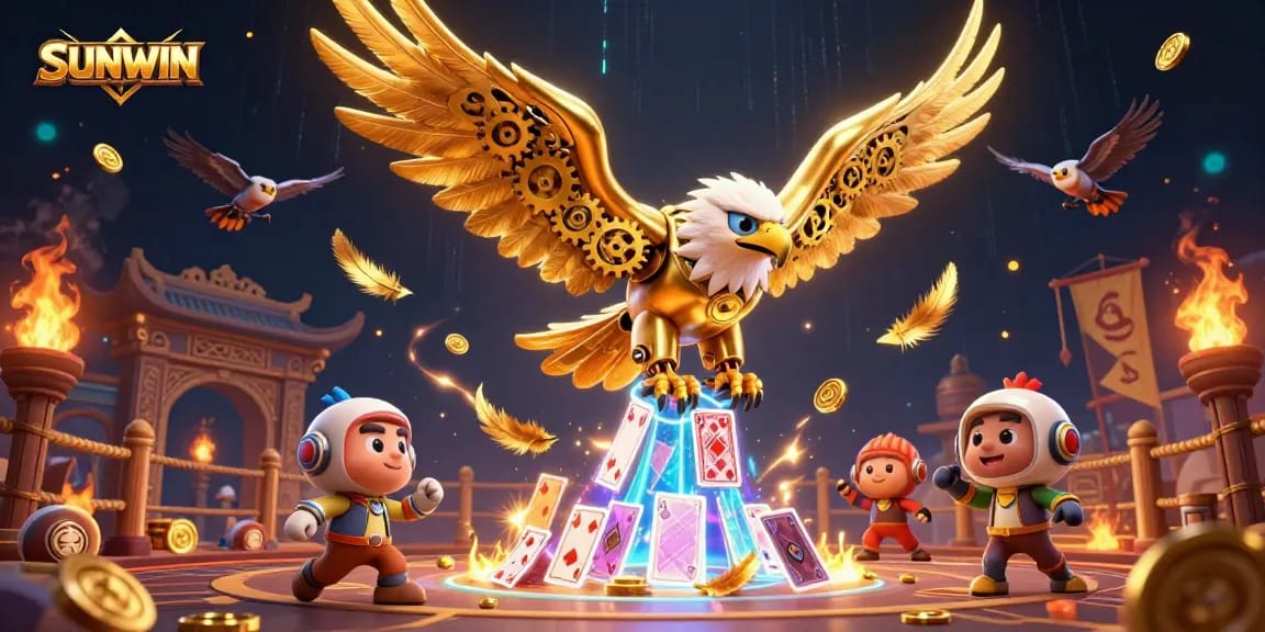 Experience SUNWIN with a dynamic 3D cartoon eagle soaring through holographic playing cards and golden coins.