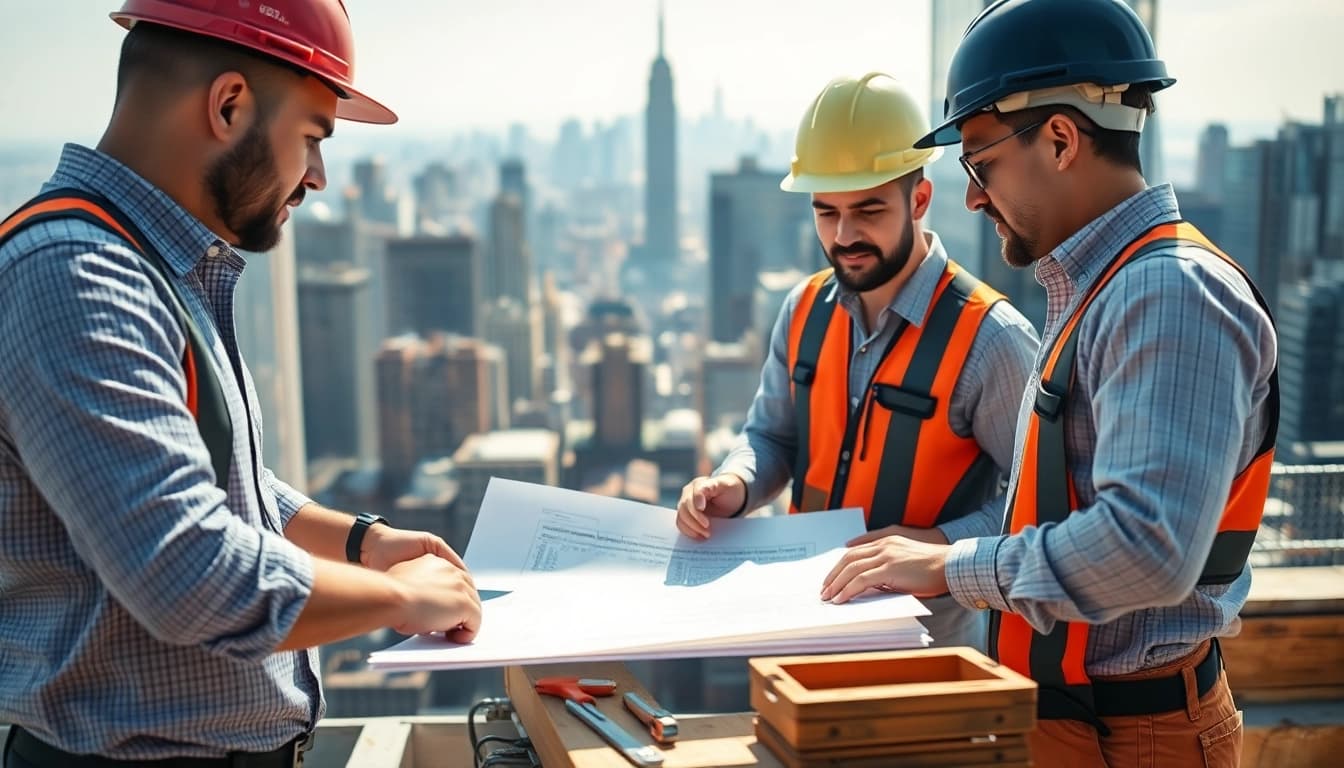 New York City General Contractor collaborating on project plans amidst the city skyline.