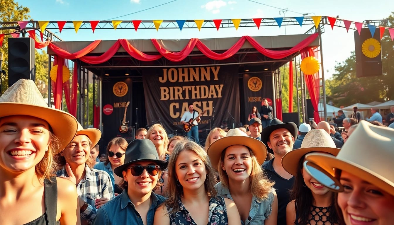 Celebration event at johnnycashbirthday.com with lively music, audience enjoying the festivities, and vintage decorations.