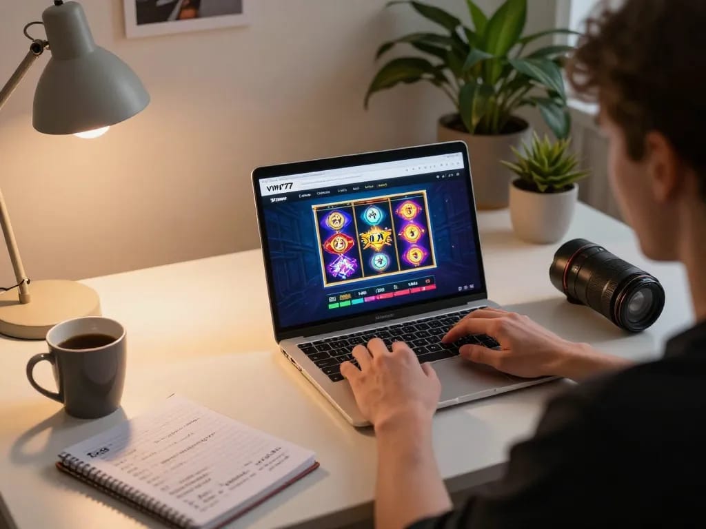 Engaged player using vin777 on a laptop for online gambling, showcasing a lively gaming atmosphere