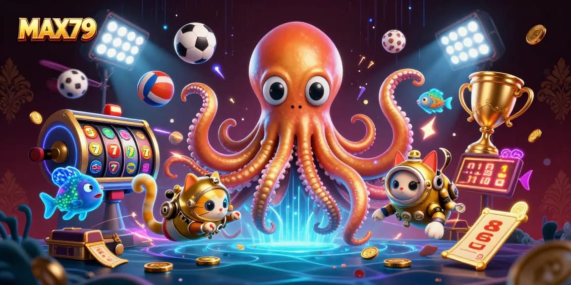 Engage in thrilling gaming at MAX79 with a colossal kraken amidst dynamic slots and sports elements.
