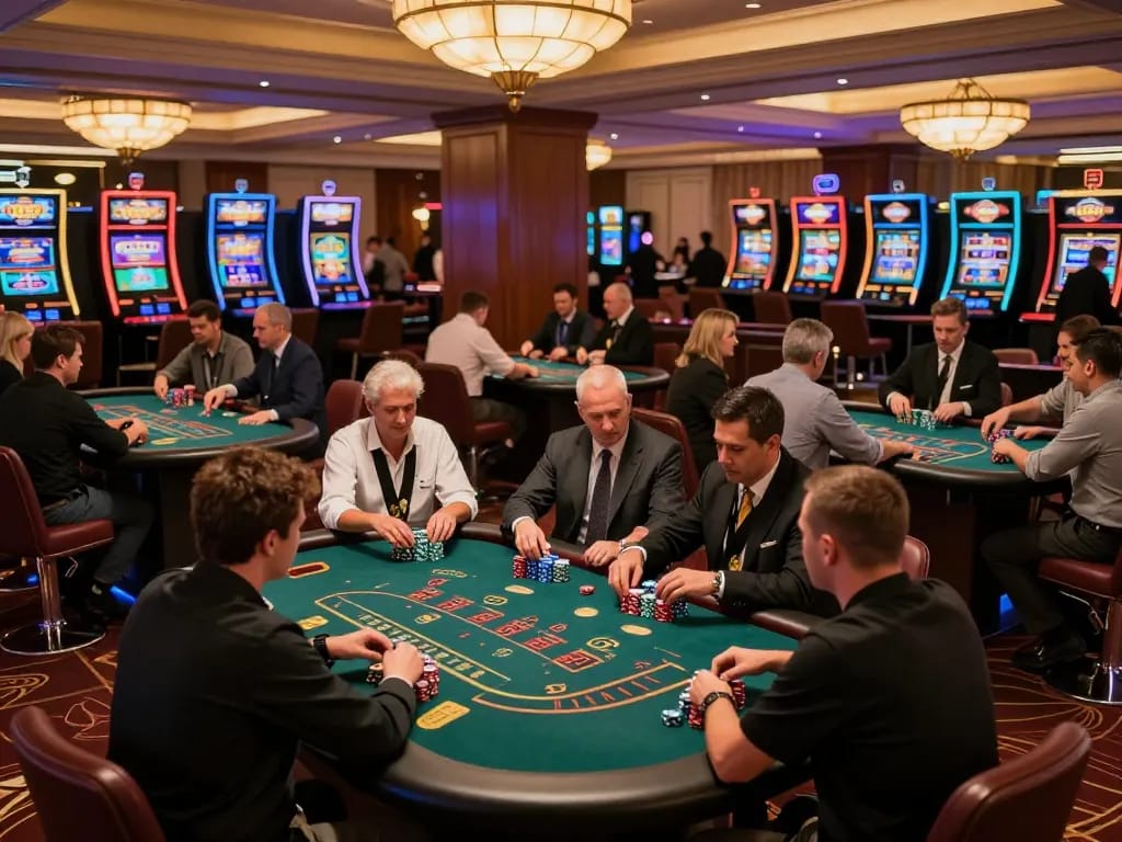 Players engaging in high-stakes blackjack at BET168, showcasing a vibrant casino atmosphere with elegant decor.