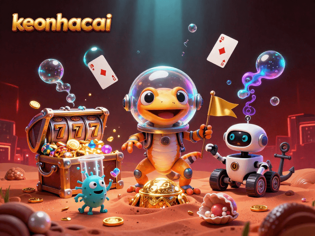 Engage in thrilling gameplay at keonhacai with a vibrant 3D casino adventure illustration packed with exciting symbols.