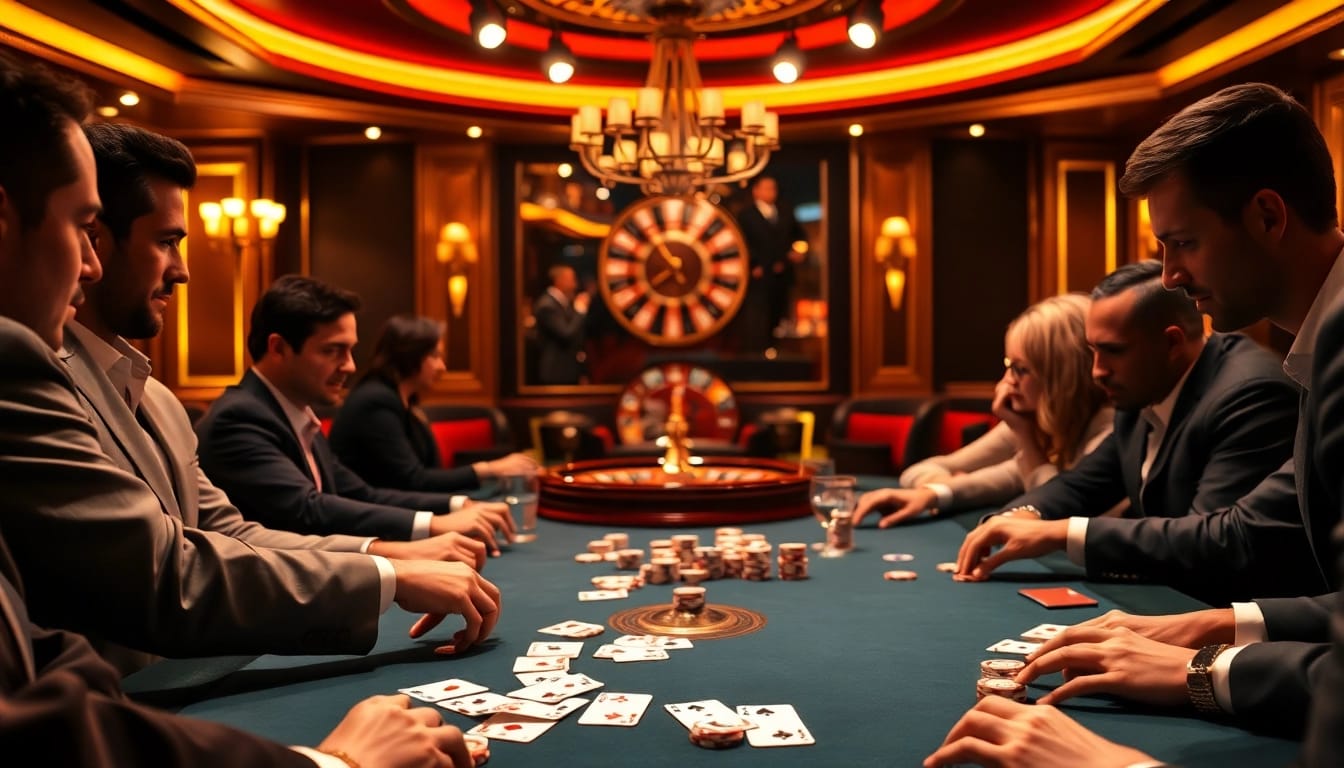 Players engaging in high-stakes poker at Ga6789's luxurious casino setting.