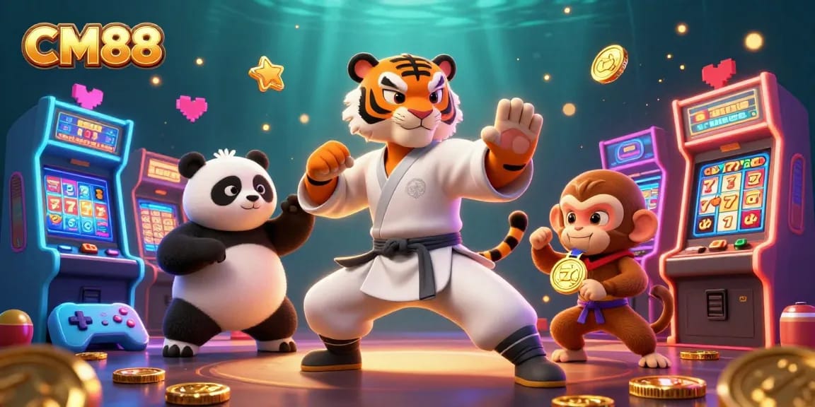 Engage with CM88's thrilling feature of a kung fu tiger master and playful panda in a vibrant casino scene.