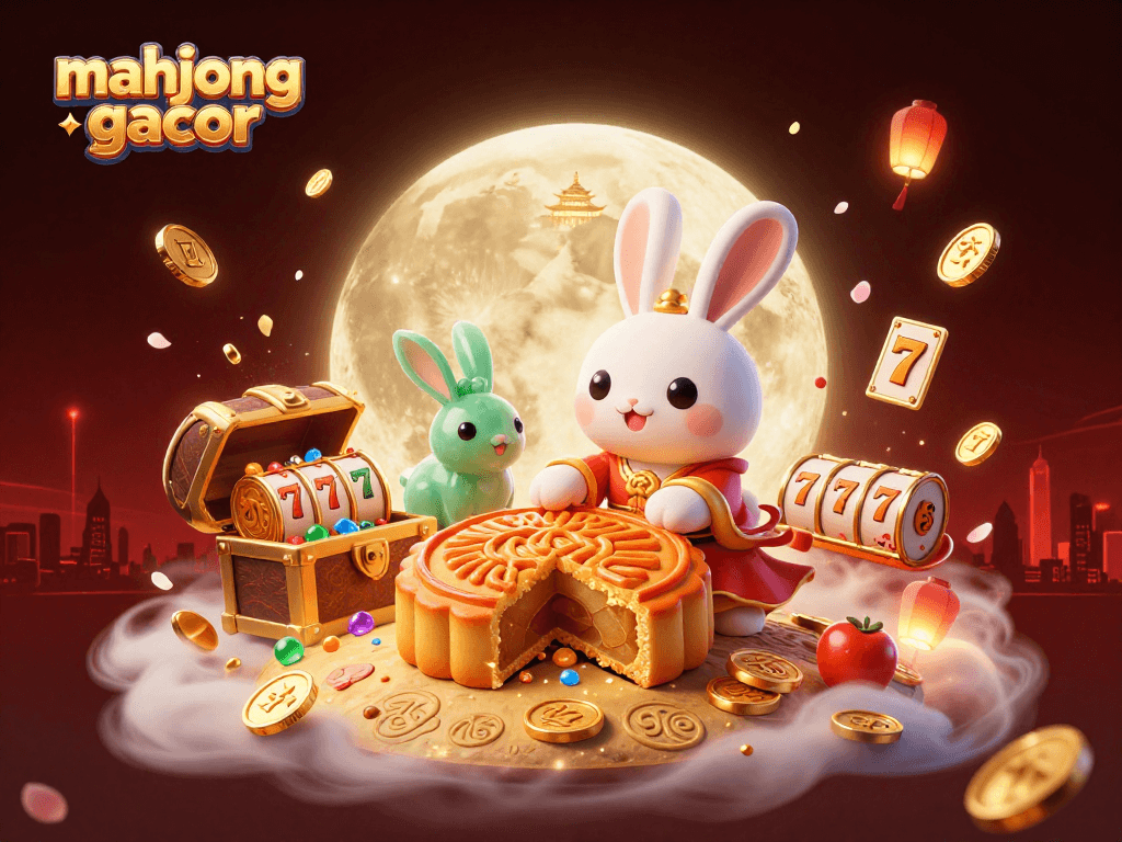 Experience mahjong gacor excitement as the moon rabbit reveals treasure and poker chips in a vibrant casino scene.