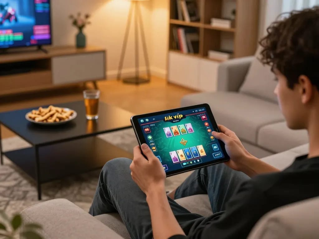 Active player using the rik vip app on their tablet, immersed in online gaming.
