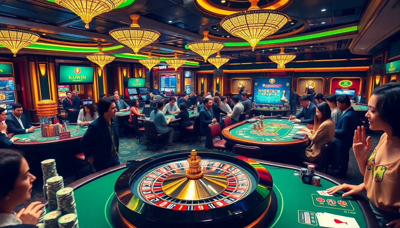 Experience thrilling gaming at kuwin with vibrant casino tables and excited players.