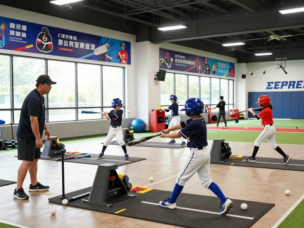 Hitclub baseball training session in an indoor facility with athletes practicing batting techniques.