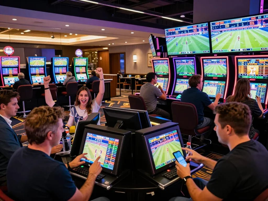 7mcn enthusiasts analyzing bets and live scores in a modern sports betting area.