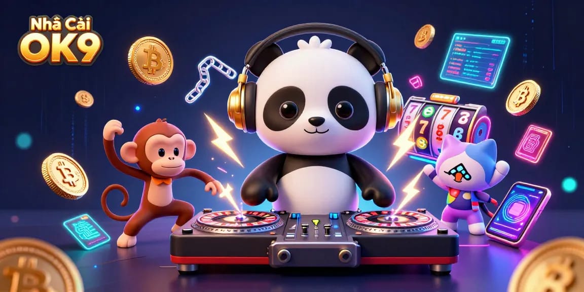 Experience the excitement of Nhà Cái OK9 with a vibrant 3D casino scene featuring a DJ panda and a dancing monkey.
