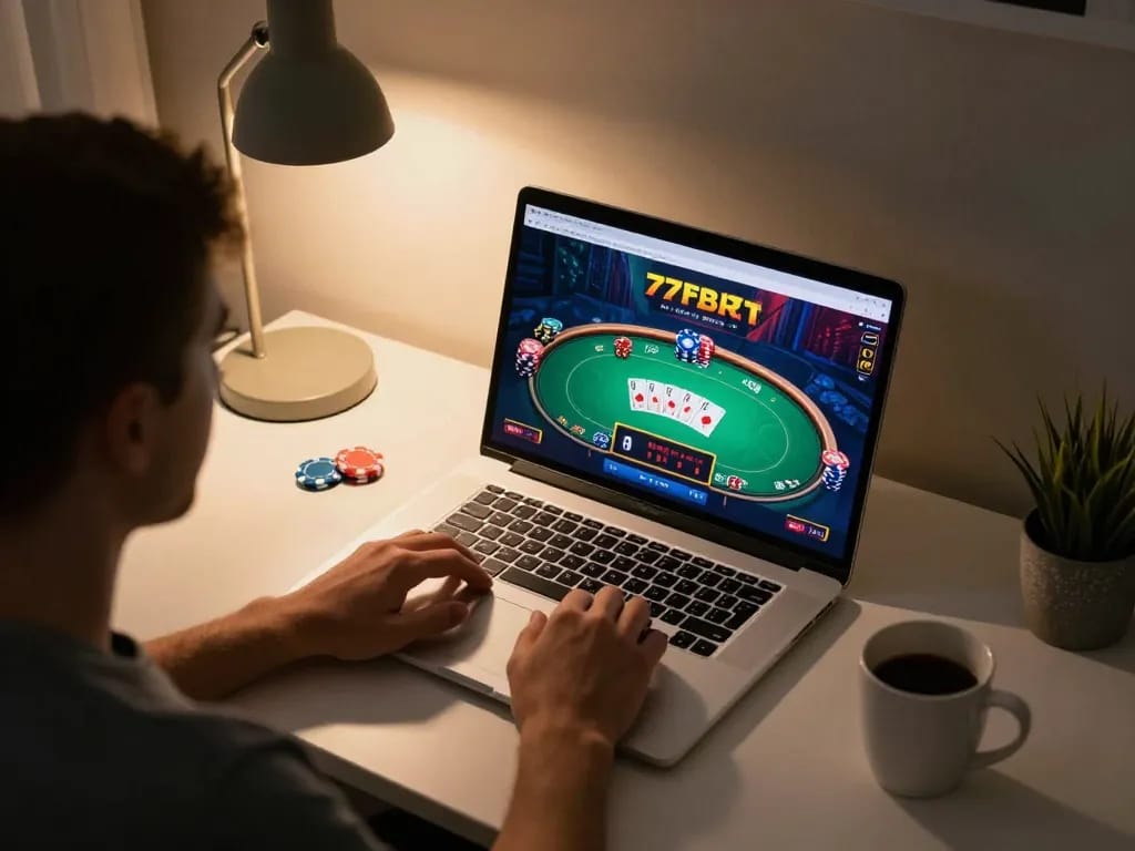 Player enjoying online casino games on 77bet at home, showcasing an engaging poker interface