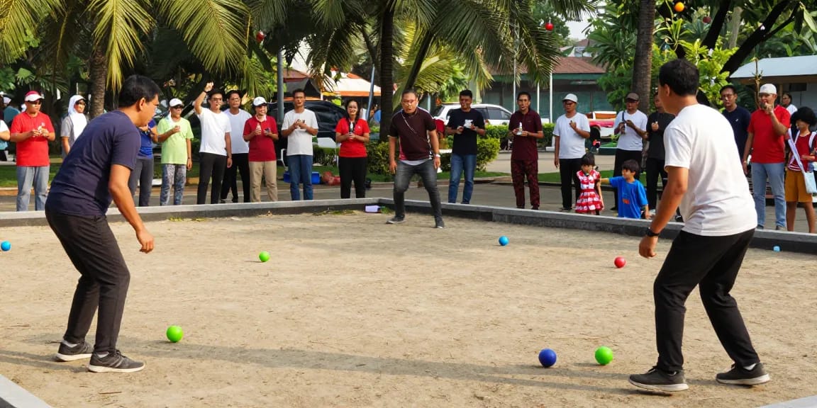 Petanque players enjoying a lively competition, showcasing the spirit of fopikotabanjarma.org in Banjarmasin.