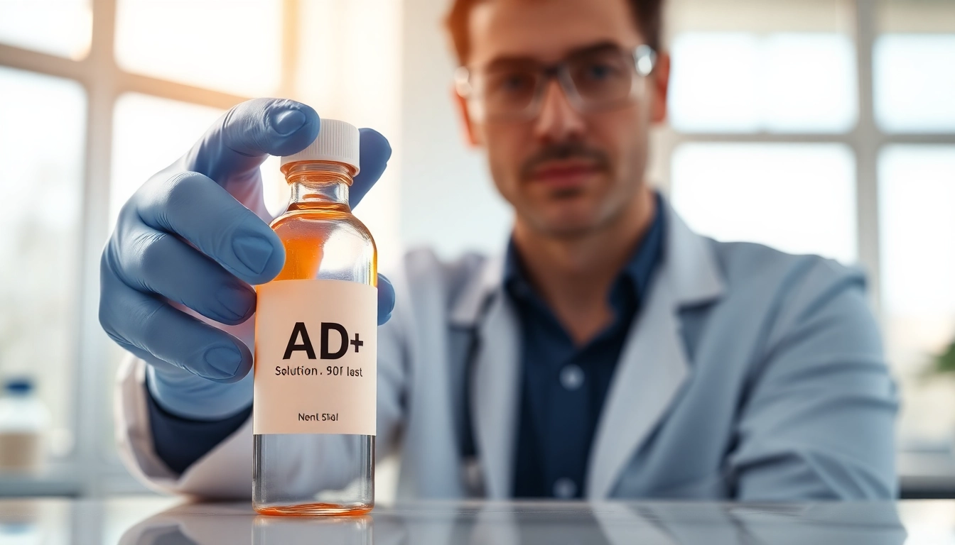 NAD+ solution held by a focused scientist in a serene lab setting.