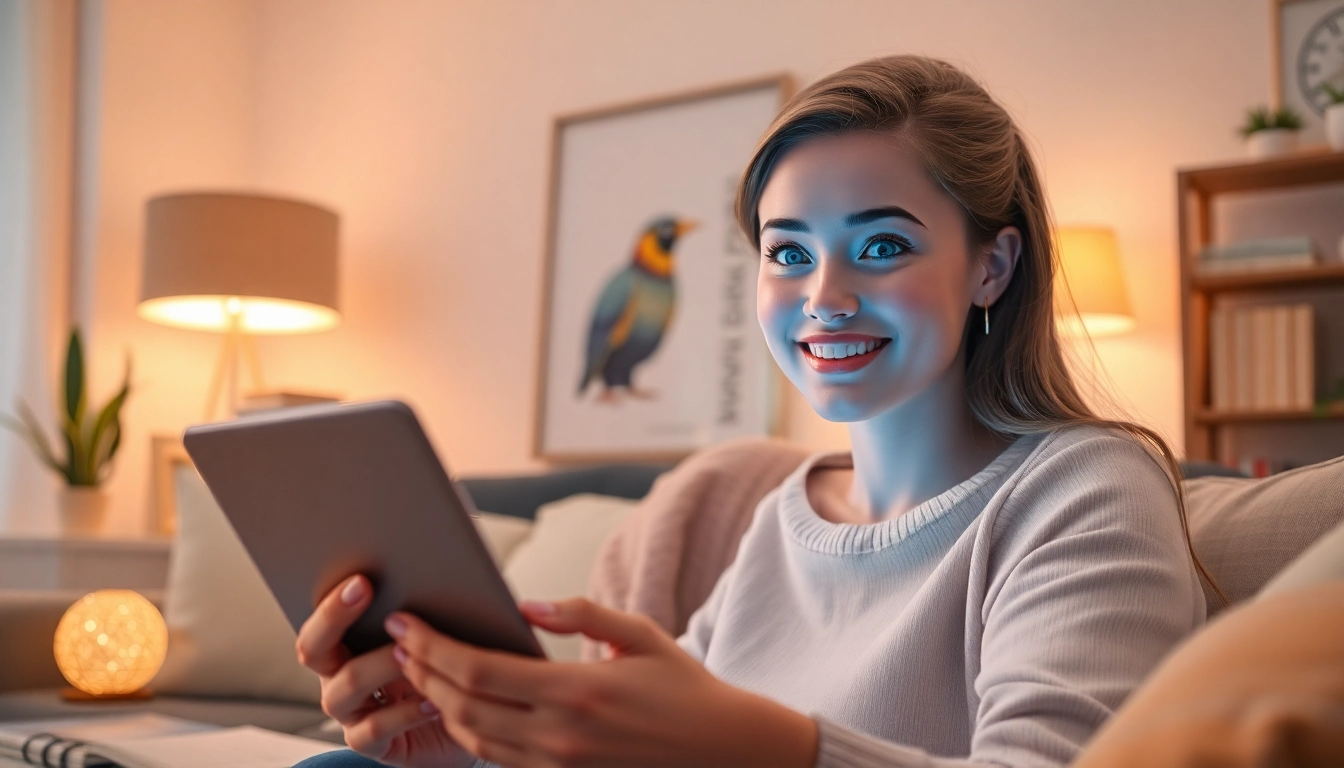 Engaging AI girlfriend interacts in a cozy, modern living room, showcasing warmth and companionship.