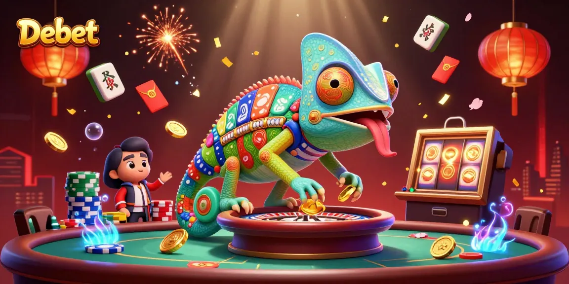 Experience thrilling casino action with Debet's vibrant 3D illustration of a dynamic chameleon owner.