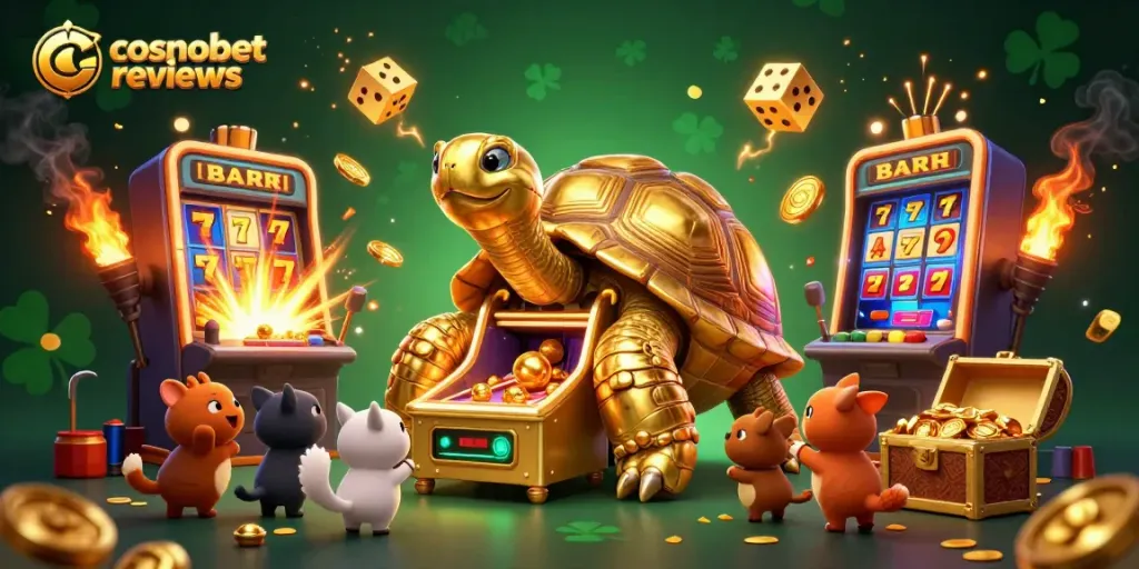 Experience the excitement of Cosmobet reviews through a vibrant 3D casino illustration with engaging characters.