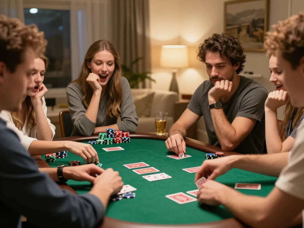 Friends enjoying poker night at home, showcasing F8bet gaming excitement and social interaction.