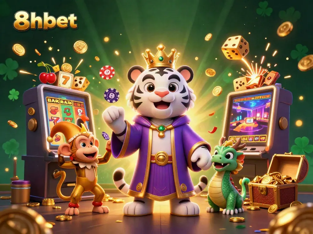 Experience thrilling wins with 8xbet's colorful casino game scene featuring a playful golden monkey and elegant characters.