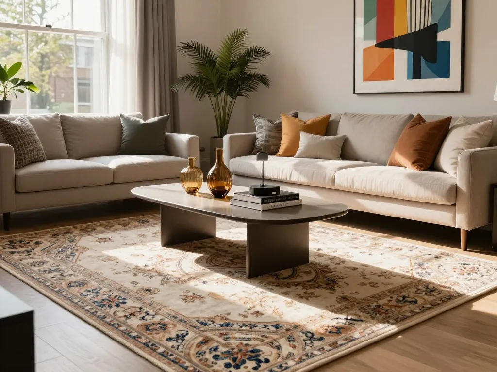 Luxury carpets London in an elegant living room setting with stylish decor and natural light.