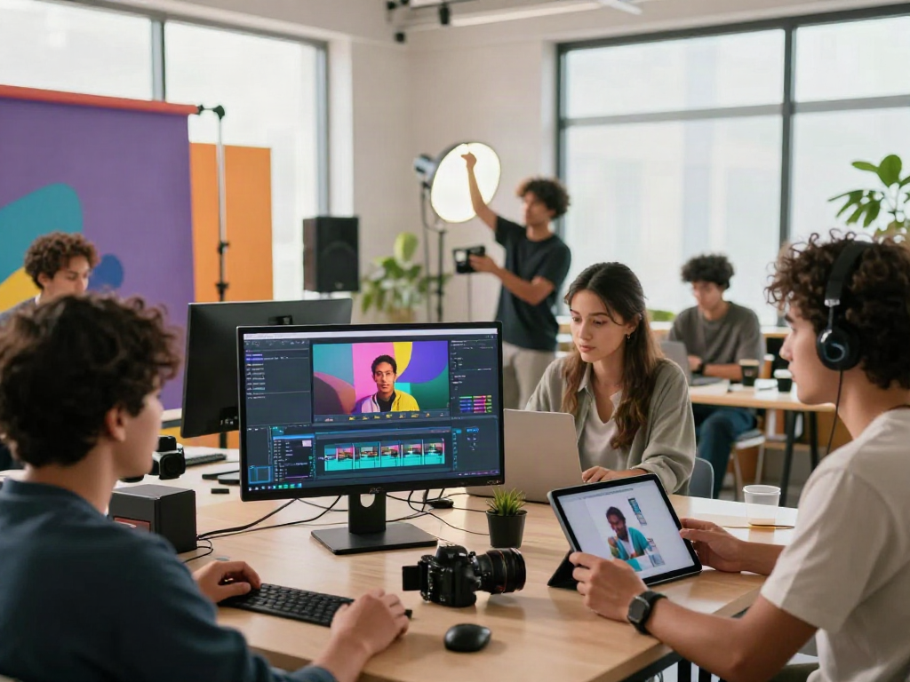 Creating nsfw digital content in a lively studio with diverse creators collaborating and engaging in video and photo projects.