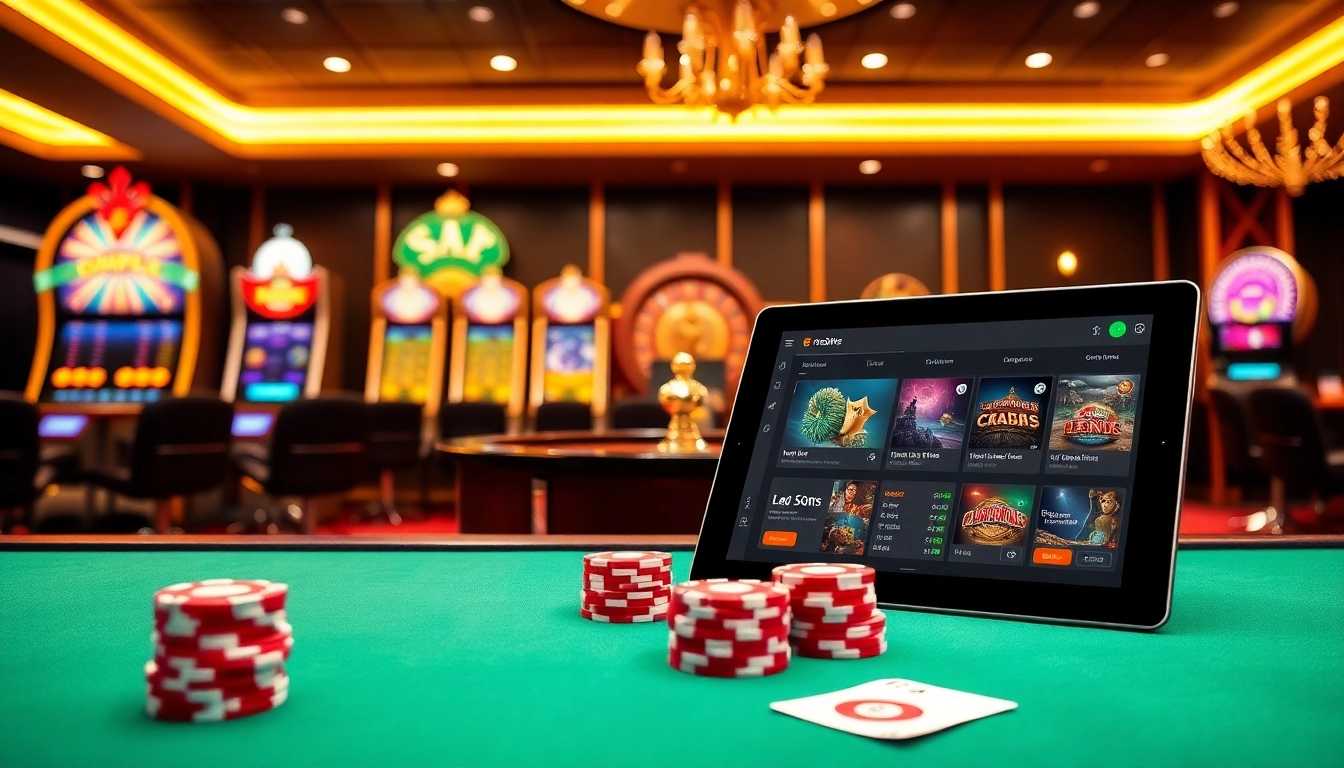 Engaging casino scene featuring loto188.gb.net with poker chips and vibrant slot machines.