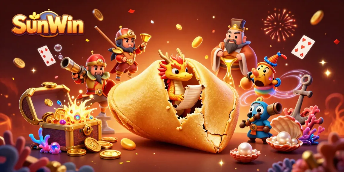 Engage with thrilling play at SunWin, where a giant fortune cookie reveals fortunes amid golden treasures.