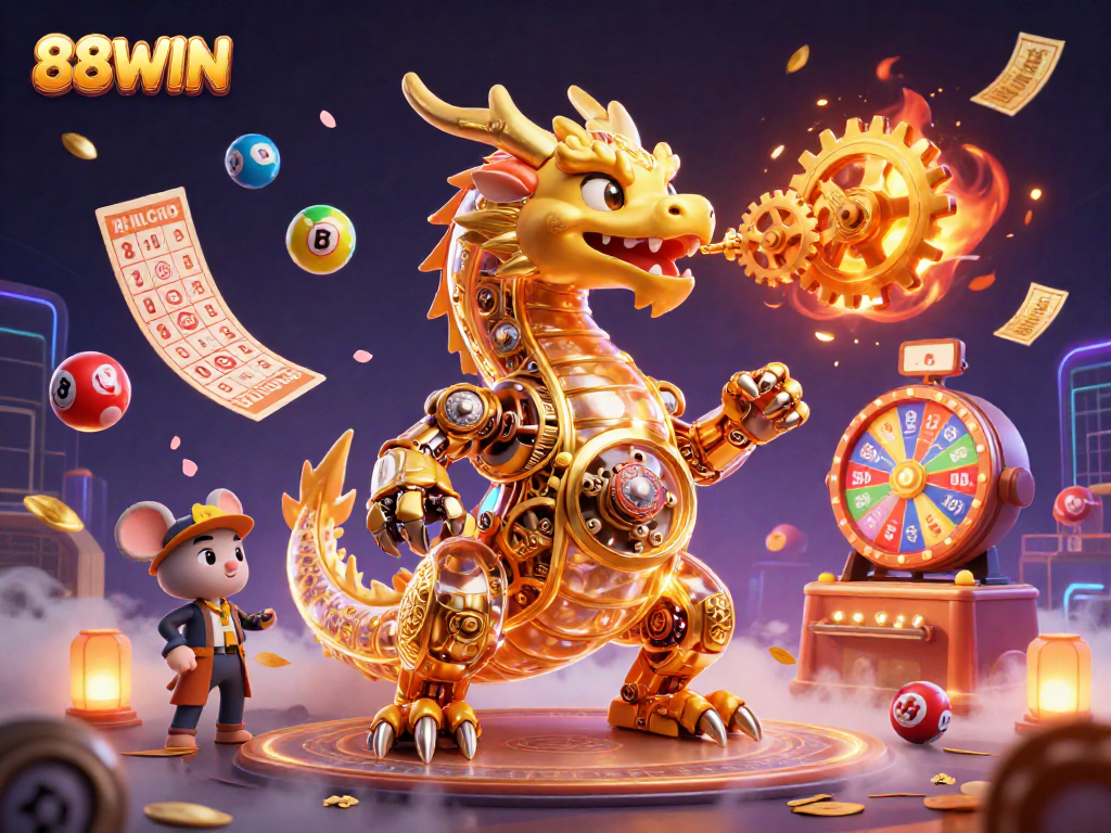 Experience the thrill of gambling with 88WIN as the biomechanical dragon and engineer celebrate wins amidst a vibrant casino scene.