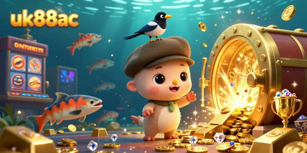 Engage with the vibrant casino atmosphere in uk88ac with a playful 3D cartoon Nessie surrounded by gold and jewels.