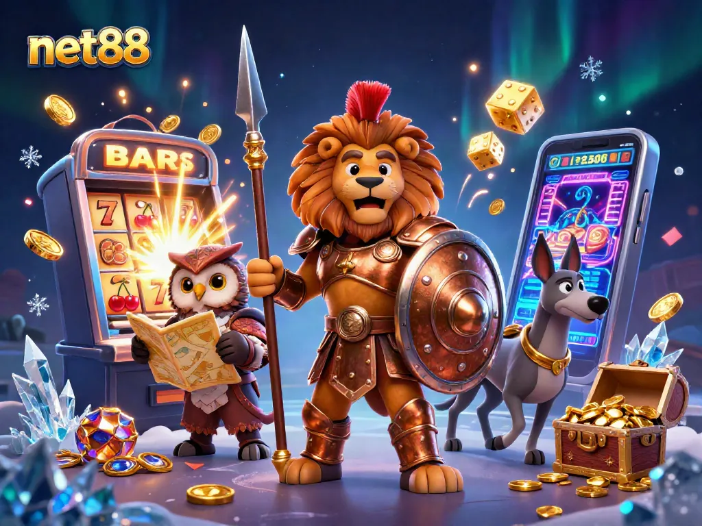 Win big with net88 in this vibrant casino-themed illustration featuring slot machines and golden treasures.