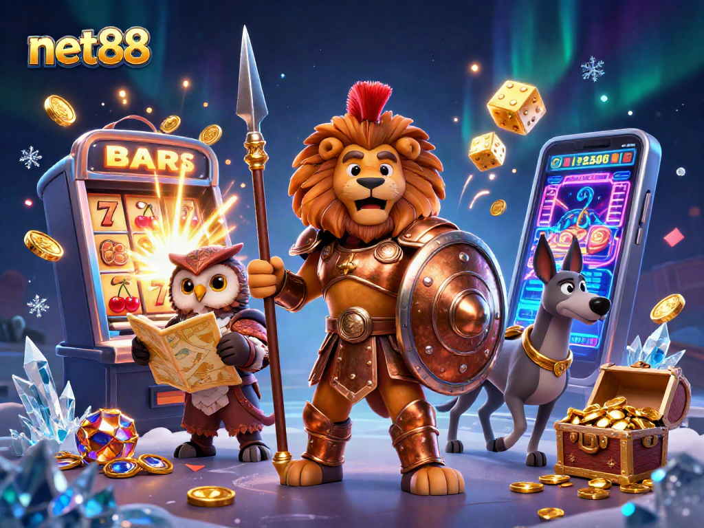 Win big with net88 in this vibrant casino-themed illustration featuring slot machines and golden treasures.