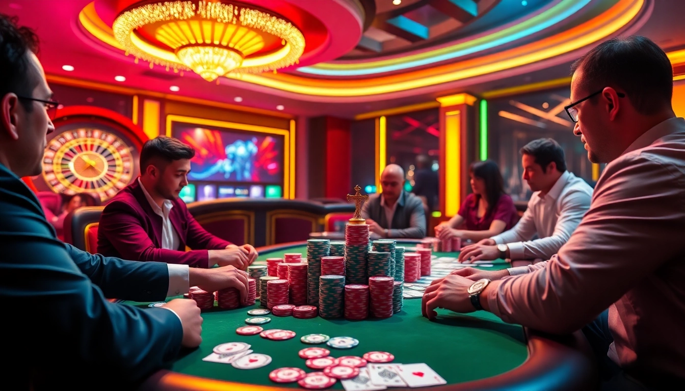 High-stakes poker action at U888u88.com with vibrant chips and neon lights.