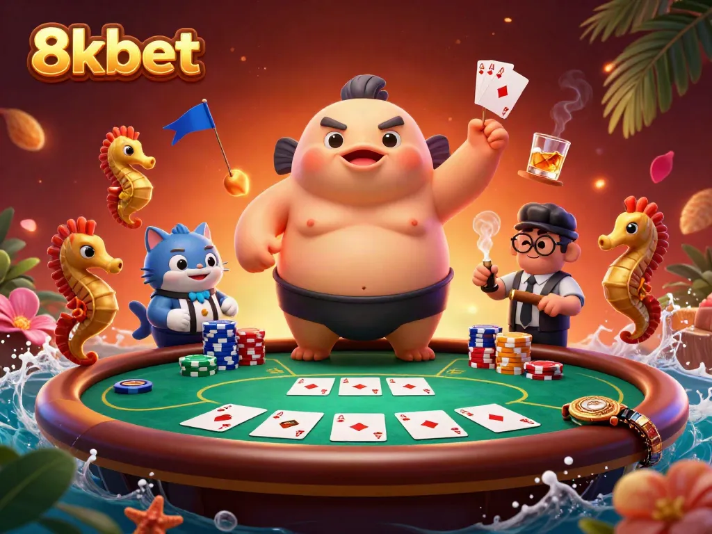 Engage in thrilling poker action with 8xbet's exciting underwater casino illustration featuring vibrant characters.