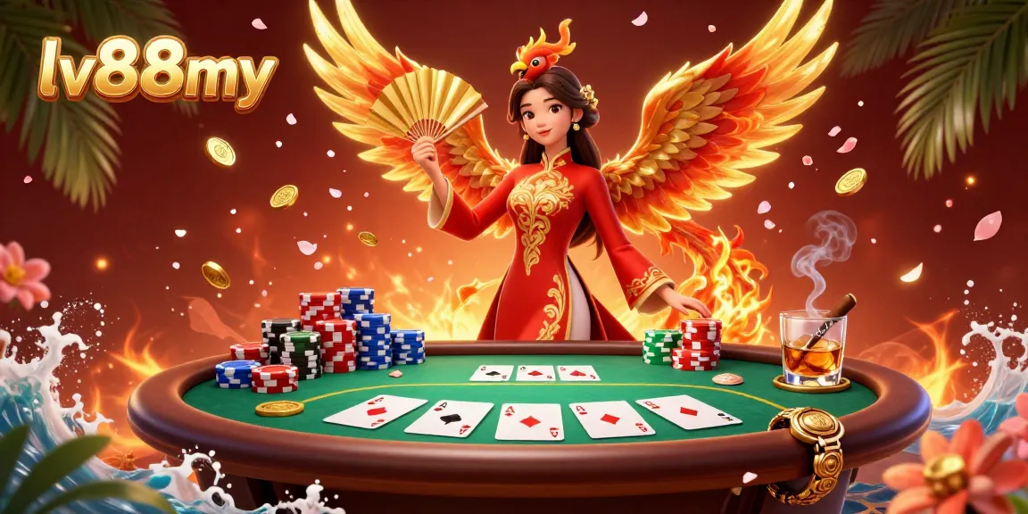 Win big at lv88my with this vibrant 3D casino scene filled with gold coins, poker elements, and exciting characters.