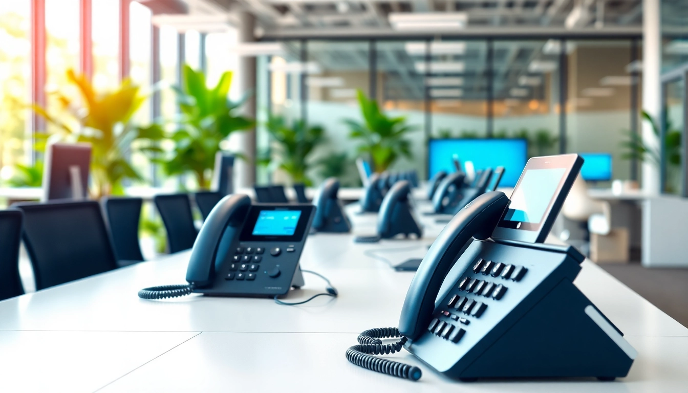 Showcasing business telephone systems in a sleek office environment with modern communication tools.